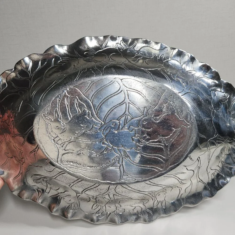 Vintage 1990 Arthur Court Rabbits & Lettuce Aluminum Serving Oval Platter Tray